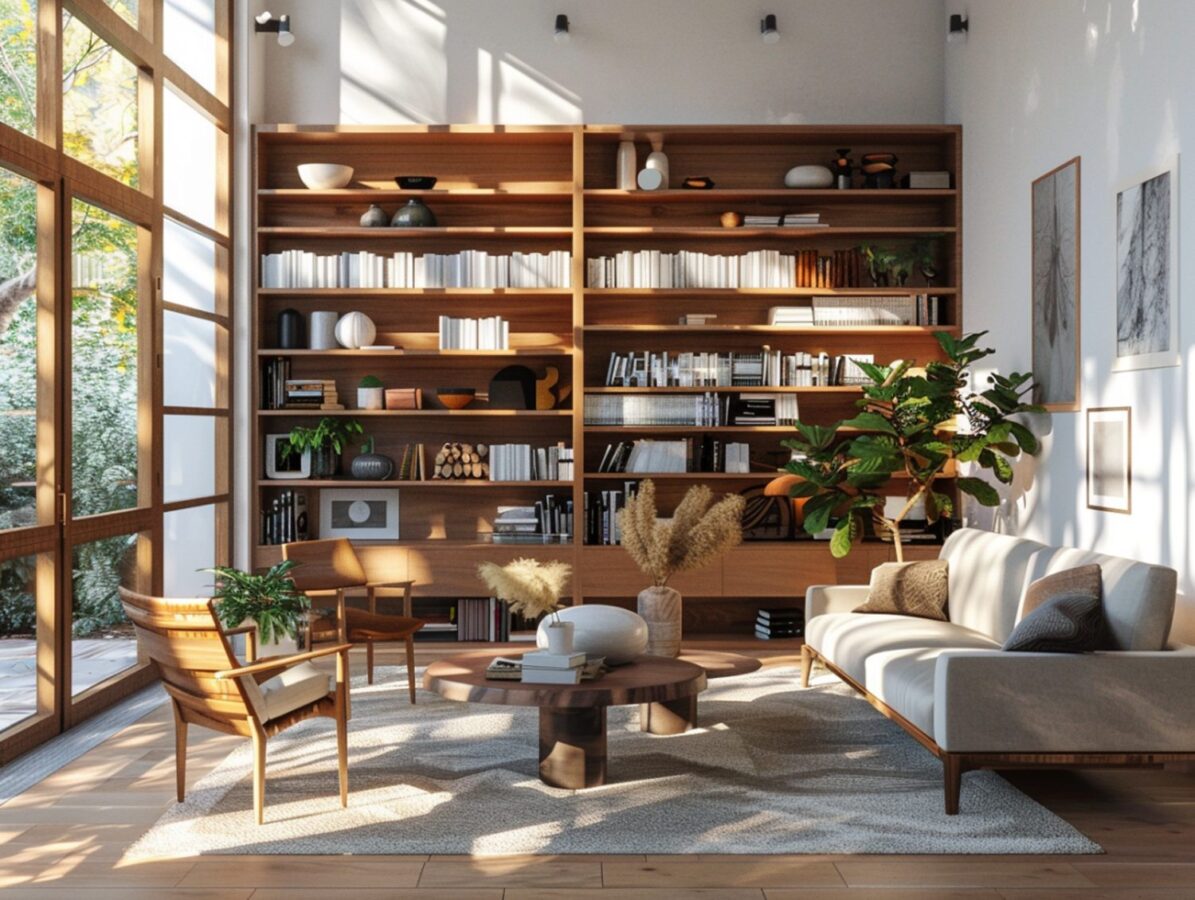 Wysoka drewniana biblioteka z regałem i sofą w salonie