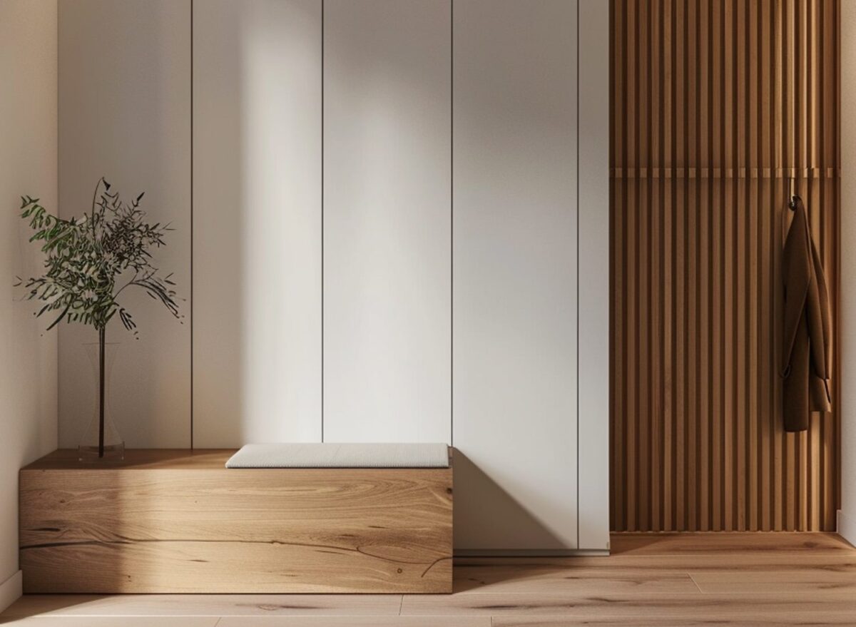Zabudowa przedpokoju z siedziskiem i jasnym drewnem w stylu japandi