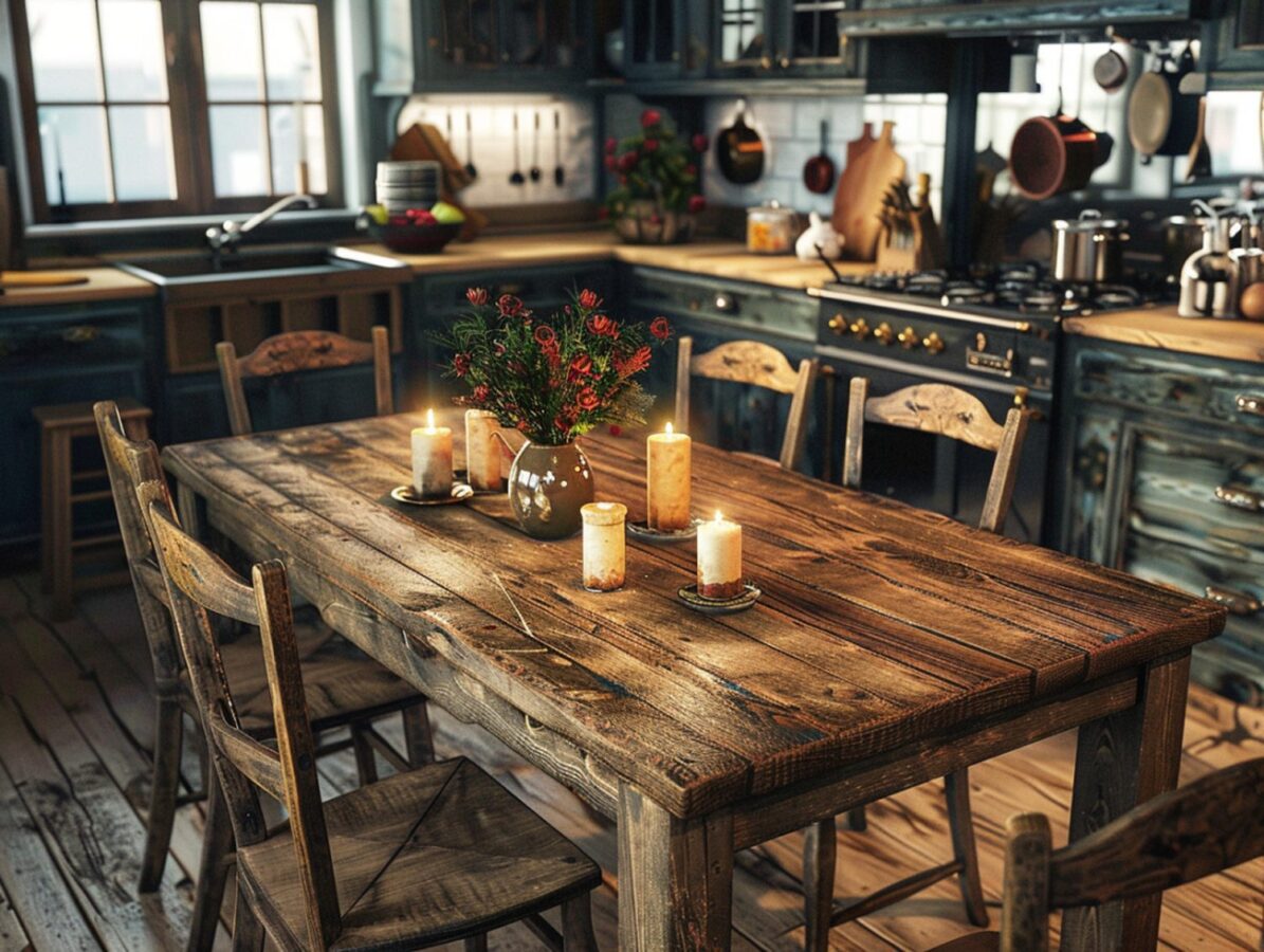 Rustykalny stół kuchenny z drewna z palącymi się świecami