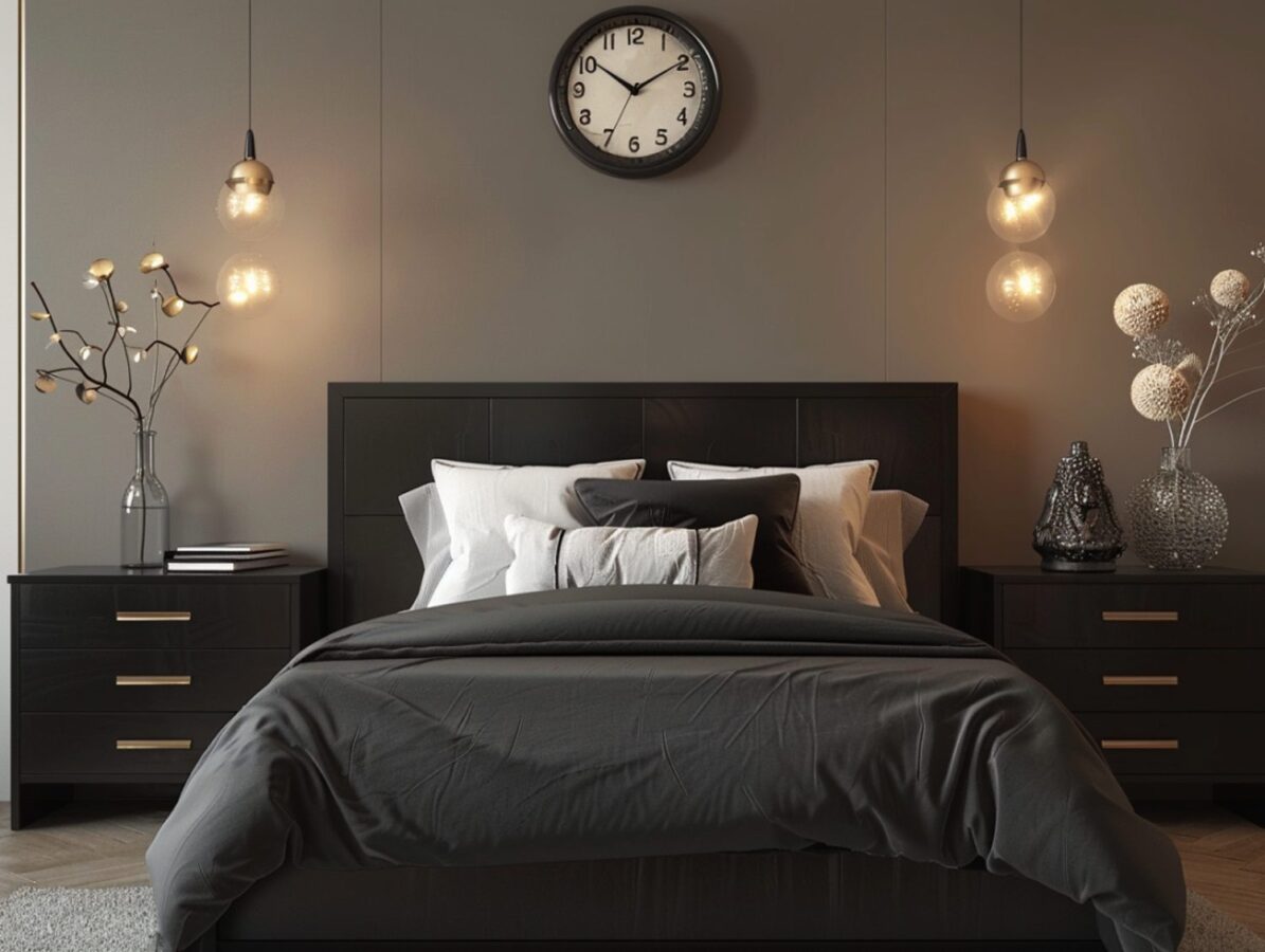 Ciemna sypialnia z łóżkiem i oświetleniem wiszącym w stylu loft