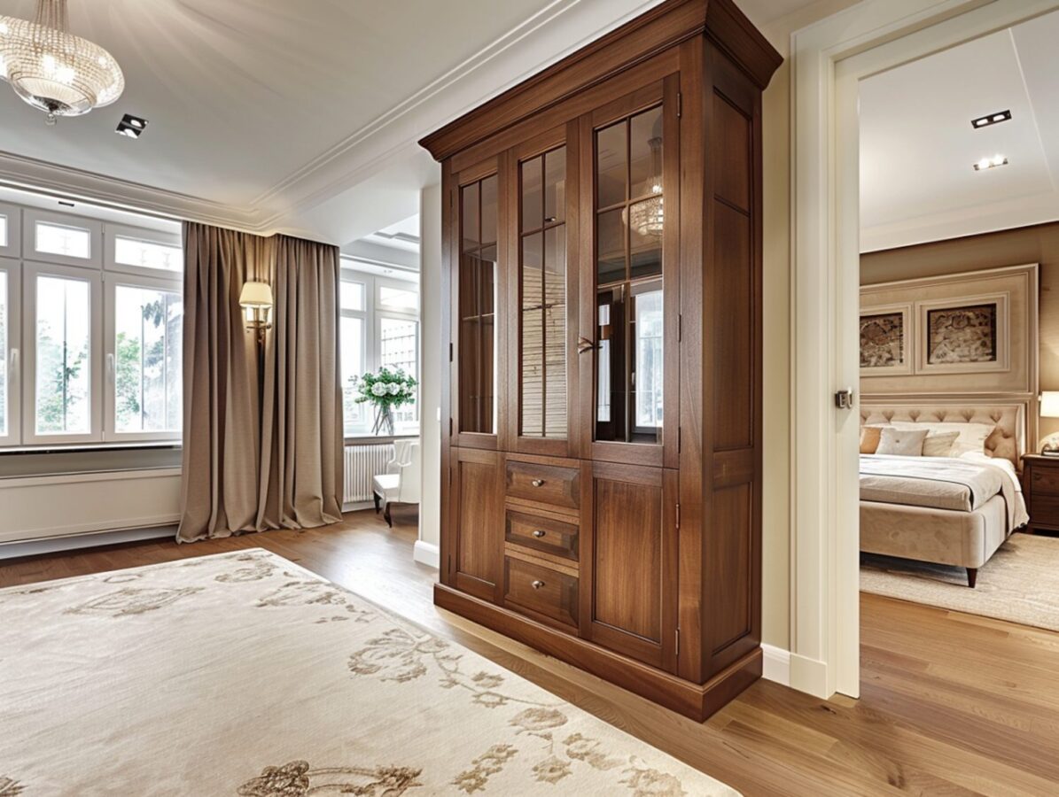 Witryna z litego drewna z przeszkleniami w klasycznym wnętrzu