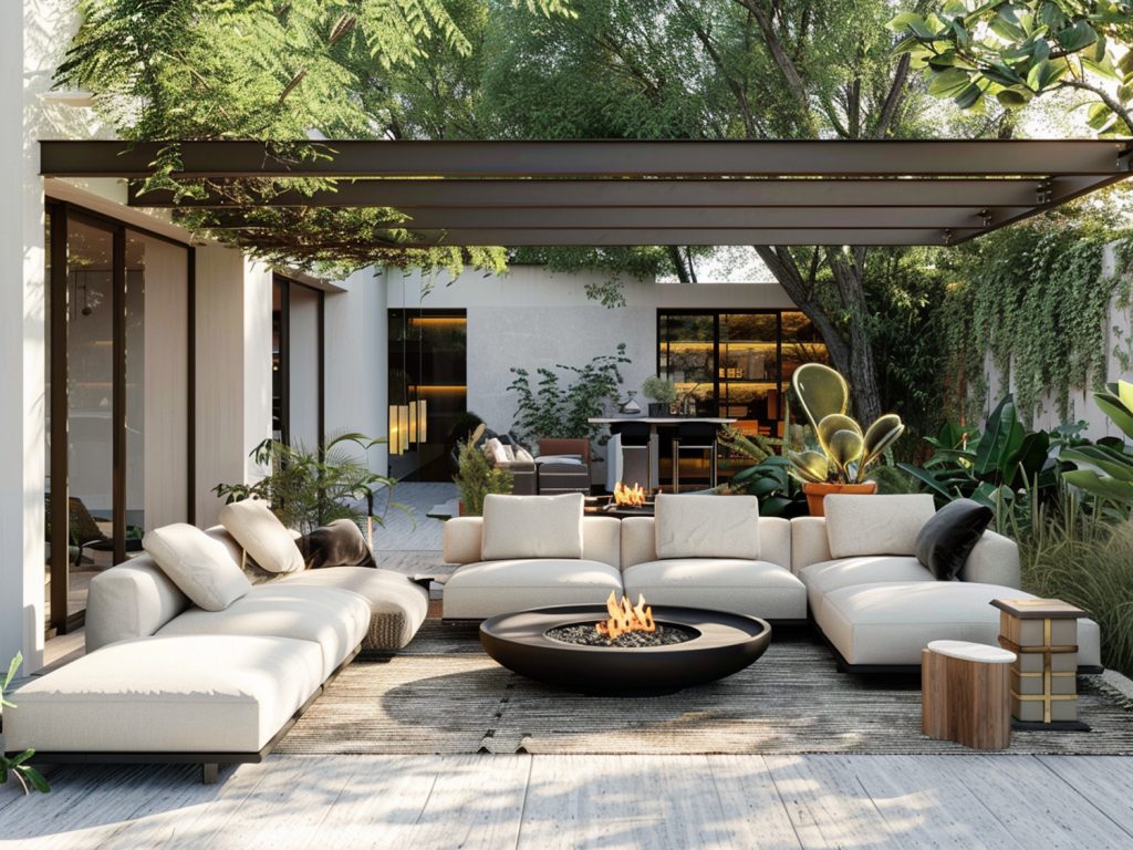 Nowoczesny taras z narożnikiem i okrągłym kominkiem gazowym