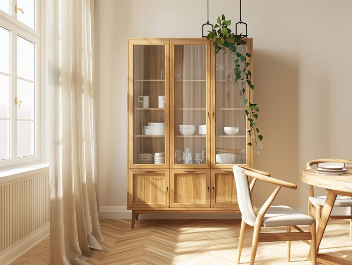 Witryna z naturalnego drewna w jasnej jadalni z parkietem