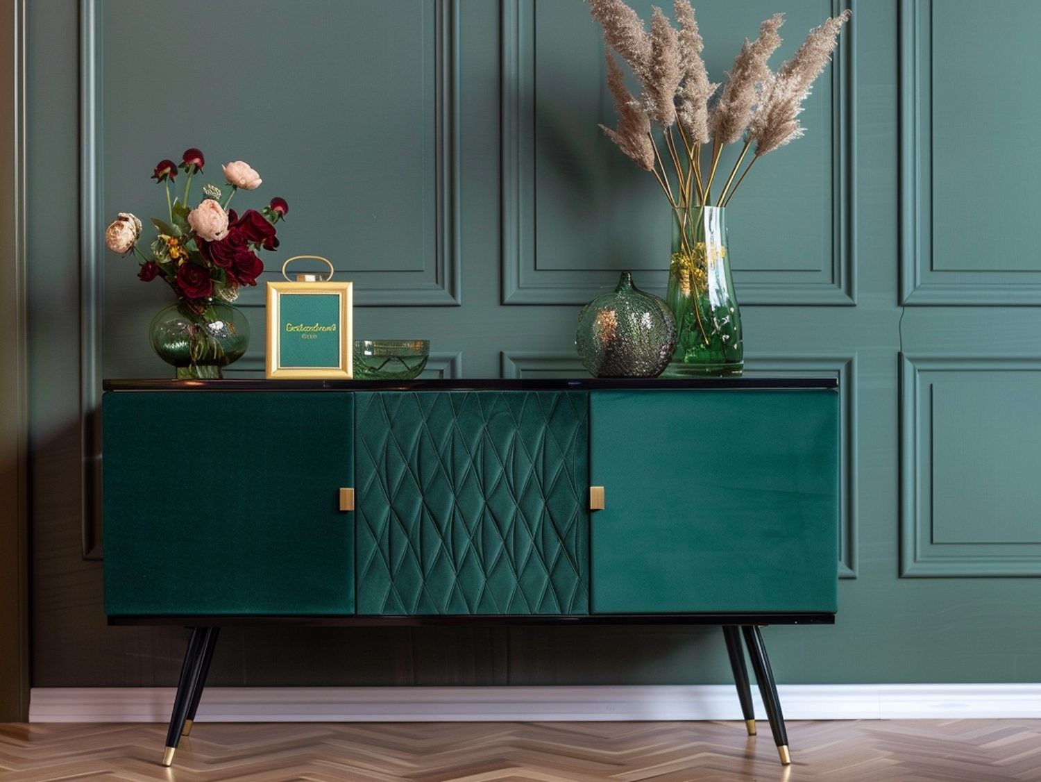 Zielona komoda glamour z czarnymi nóżkami i złotymi uchwytami