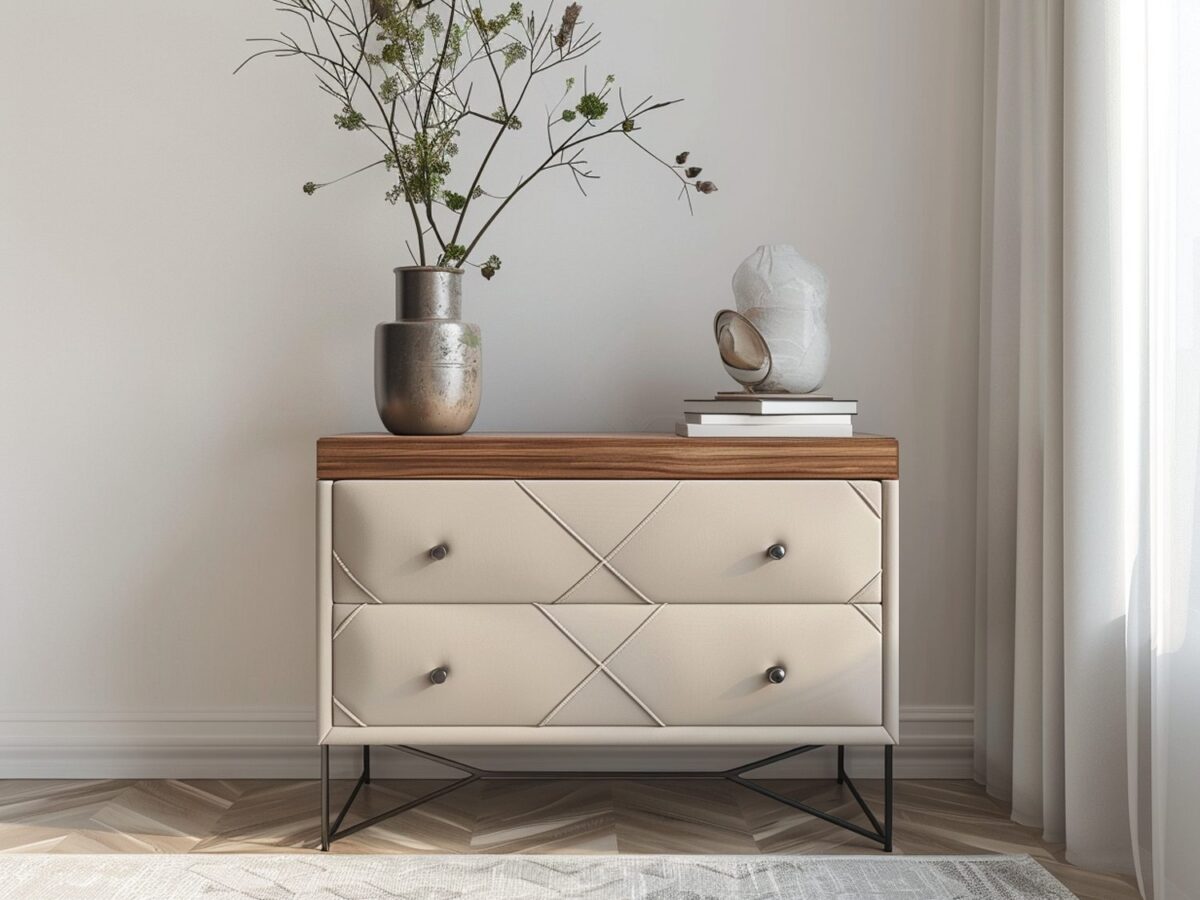 Komoda w kolorze beżowym z geometrycznymi frontami i dekorem
