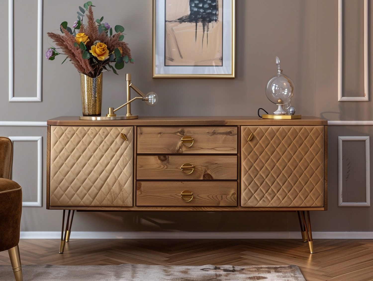 Komoda vintage z pikowanymi frontami i złotymi dodatkami