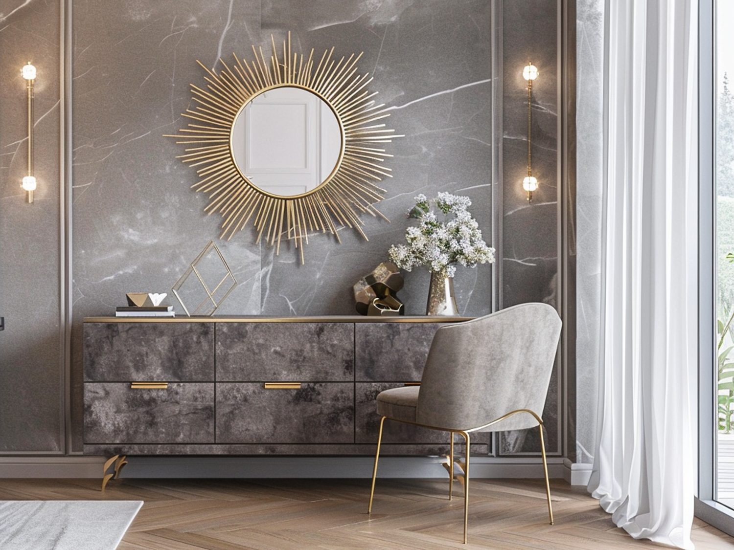 Toaletka z marmurowym blatem i złotym lustrem w stylu glamour