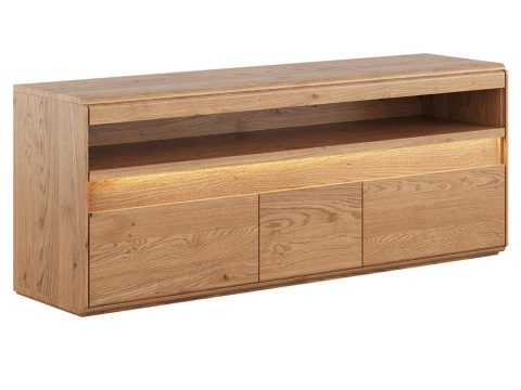 Drewniana szafka RTV z podświetleniem LED i trzema szufladami – widok z przodu