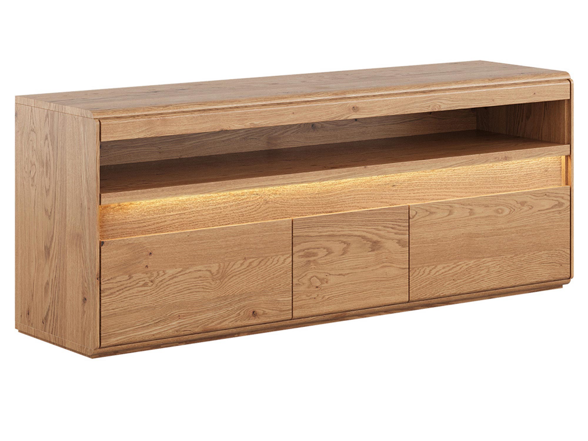 Drewniana szafka RTV z podświetleniem LED i trzema szufladami – widok z przodu Drewniana szafka RTV z podświetleniem LED i trzema szufladami – widok z przodu