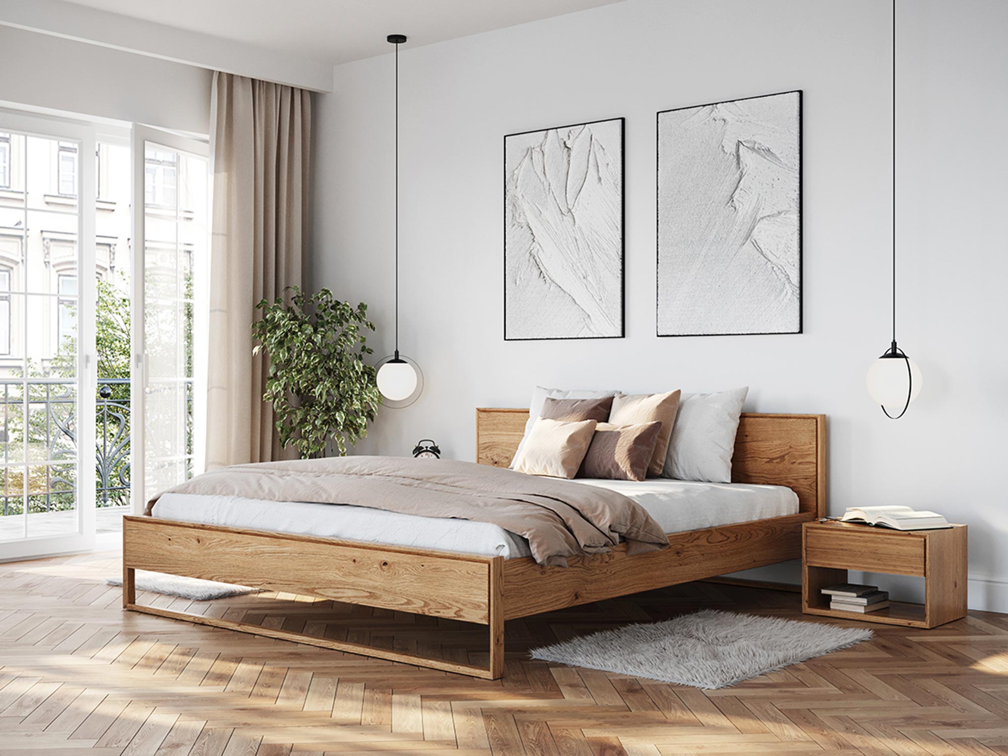 Wnętrze z łóżkiem z wysokim zagłówkiem – sztuka ścienna i eleganckie dodatki Wnętrze z łóżkiem z wysokim zagłówkiem – sztuka ścienna i eleganckie dodatki