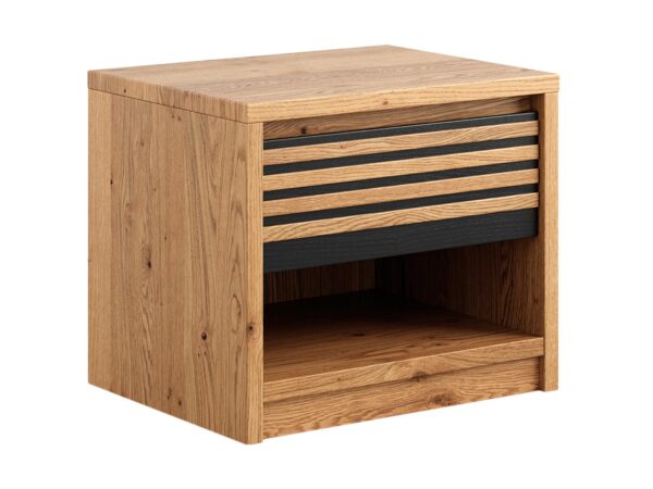 Szafka nocna z otwartą półką i listwami w kolorze czarnym