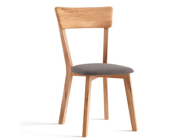 Krzesło z szarym tapicerowanym siedziskiem, widok boczny