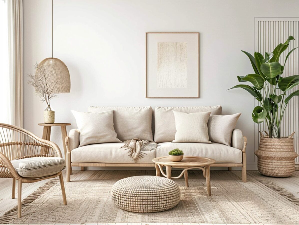 Sofa w stylu japandi z plecionym fotelem i stolikiem z drewna