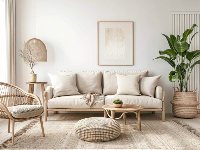 Sofa w stylu japandi z plecionym fotelem i stolikiem z drewna