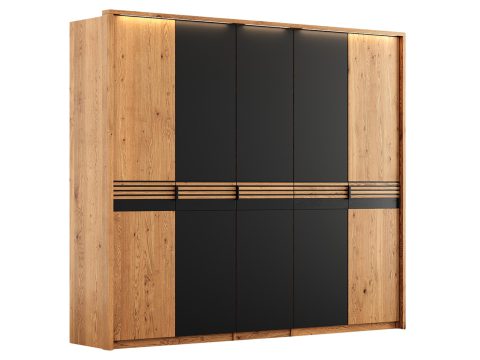 Szafa z trzema drzwiami, czarnymi panelami i poziomymi listwami