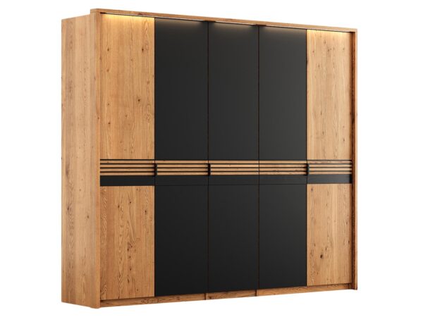 Szafa z trzema drzwiami, czarnymi panelami i poziomymi listwami