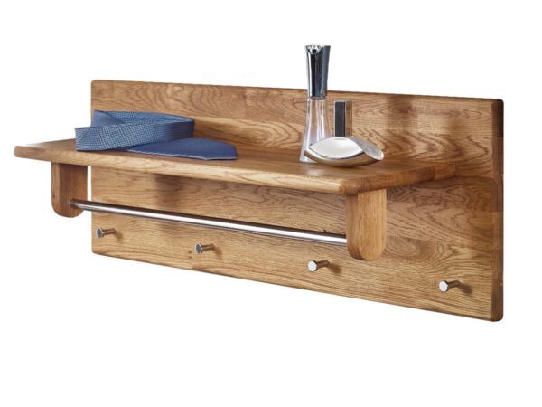 Drewniana półka ścienna z lustrem i haczykami – do przedpokoju