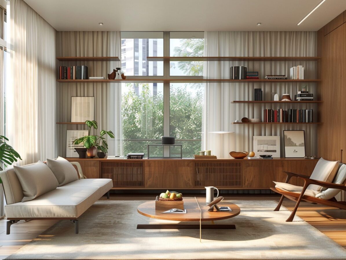 Nowoczesny salon z drewnianą meblościanką i dużym oknem