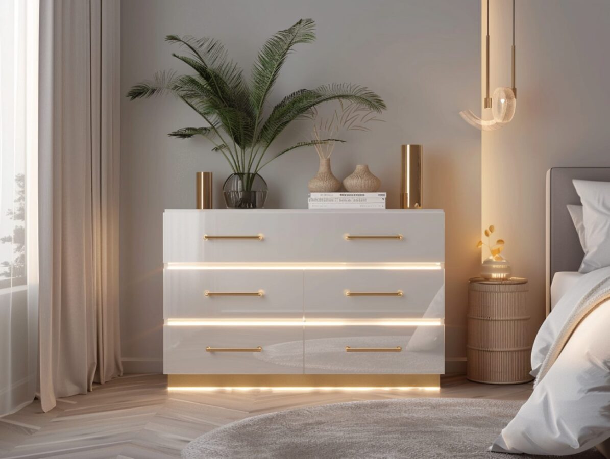 Biała komoda z podświetleniem i złotymi uchwytami w stylu glamour
