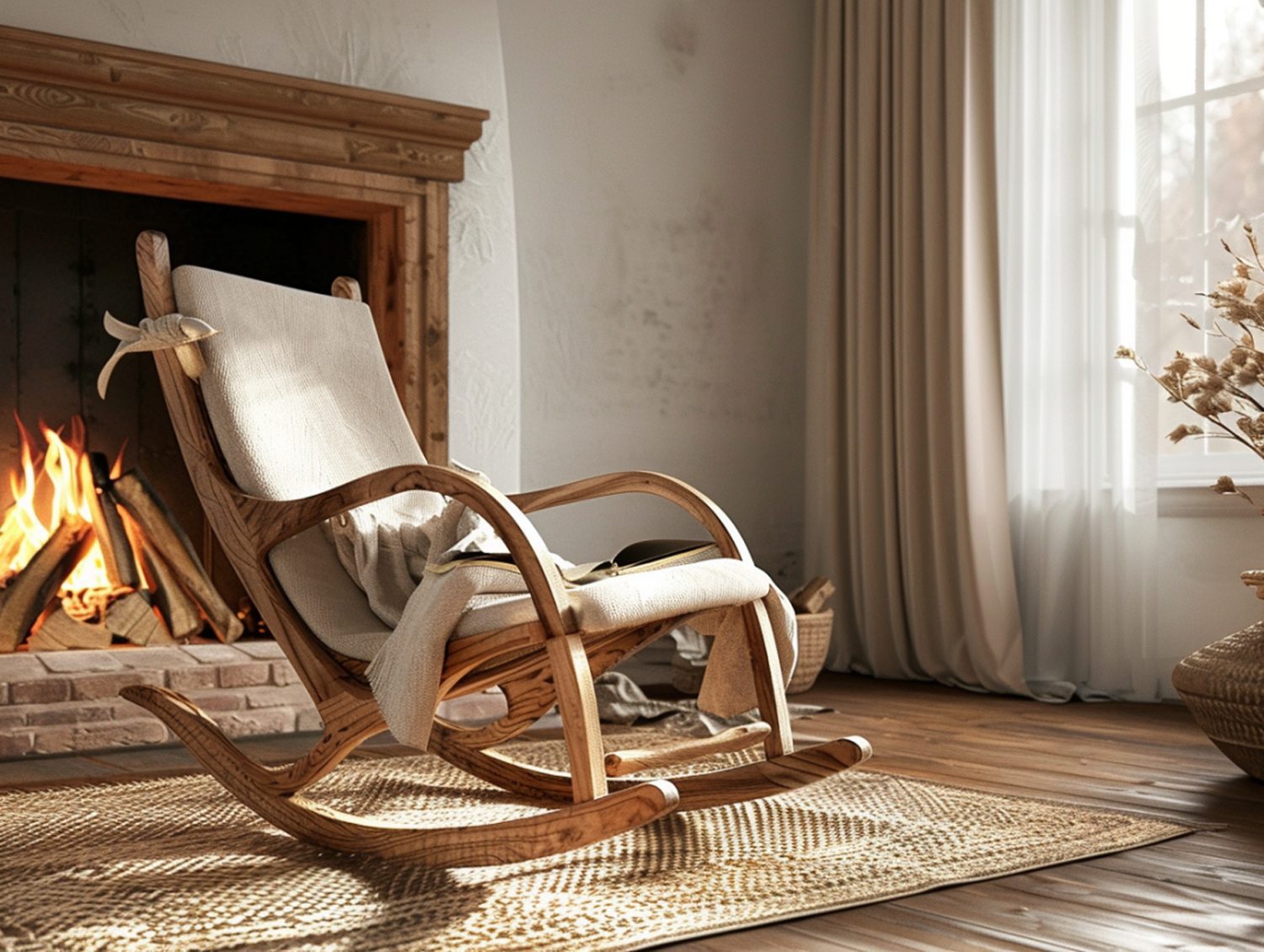 Drewniany fotel bujany przy kominku z jasną poduszką