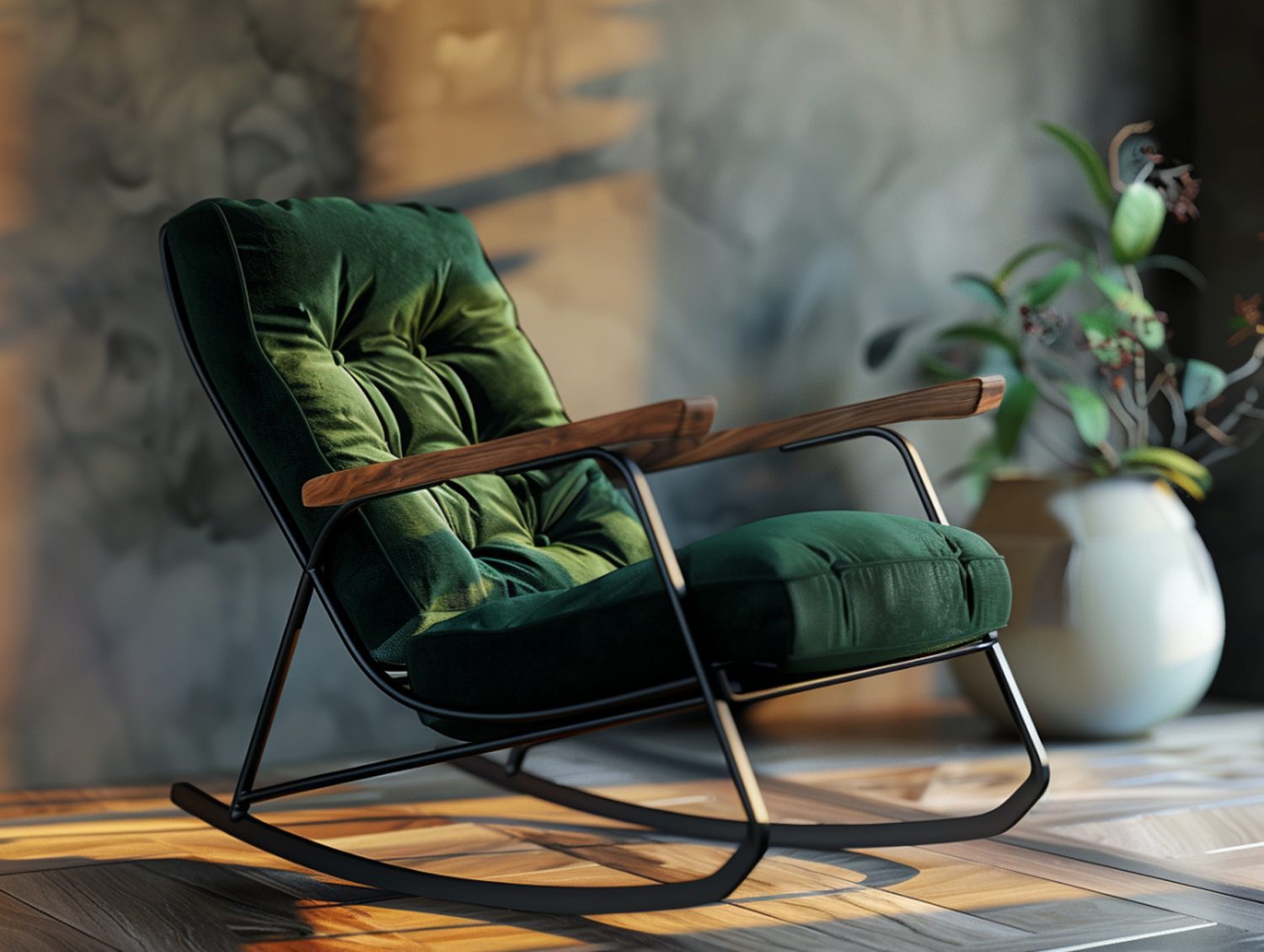 Fotel bujany z zielonym siedziskiem welurowym i czarną ramą