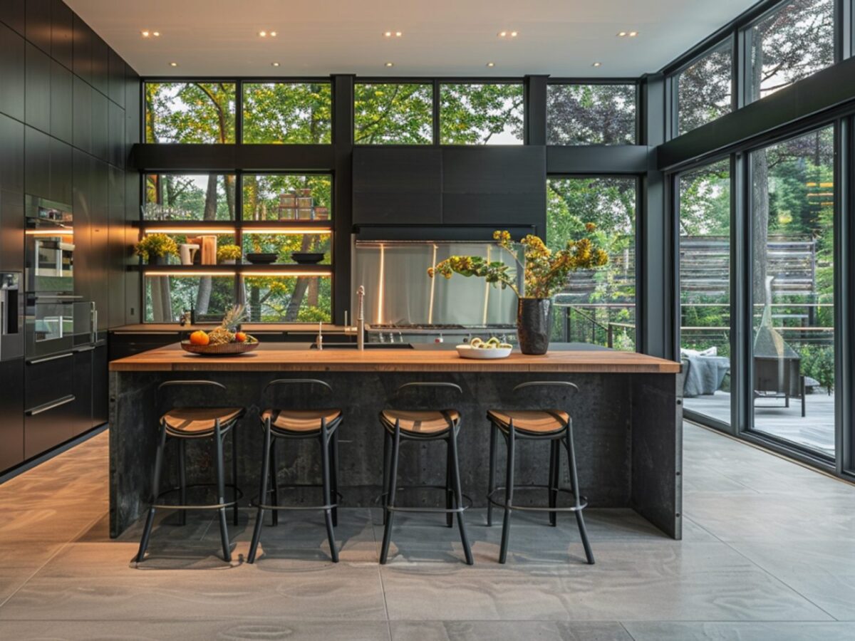 Nowoczesna kuchnia z wyspą i przeszkleniem w stylu industrialnym