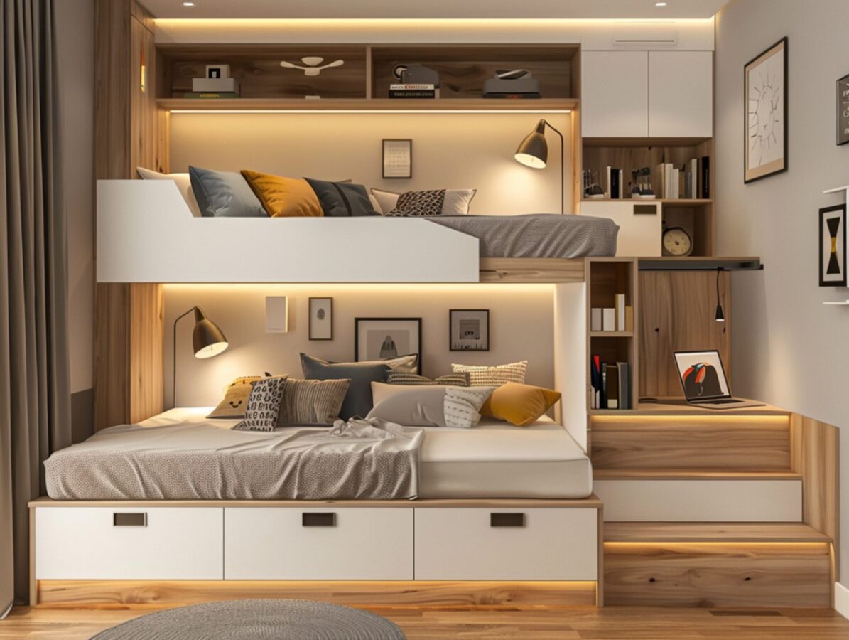 Pokój dziecięcy z piętrowym łóżkiem i półkami z oświetleniem LED