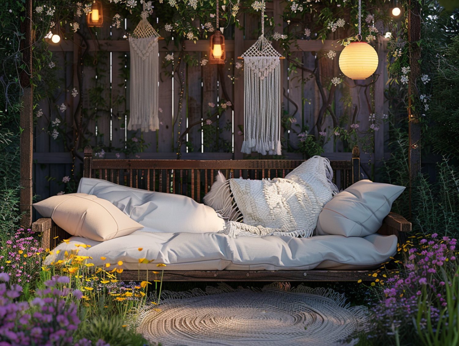 Ogrodowa sofa z baldachimem i poduszkami w stylu boho