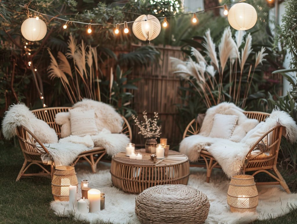 Taras z plecionymi fotelami i dywanem w stylu rustykalnym