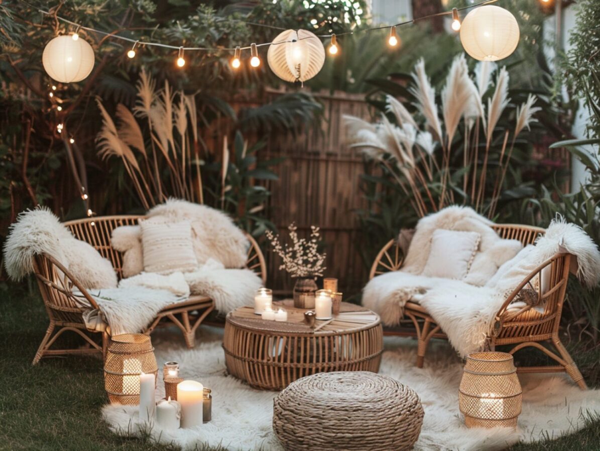 Taras z plecionymi fotelami i dywanem w stylu rustykalnym