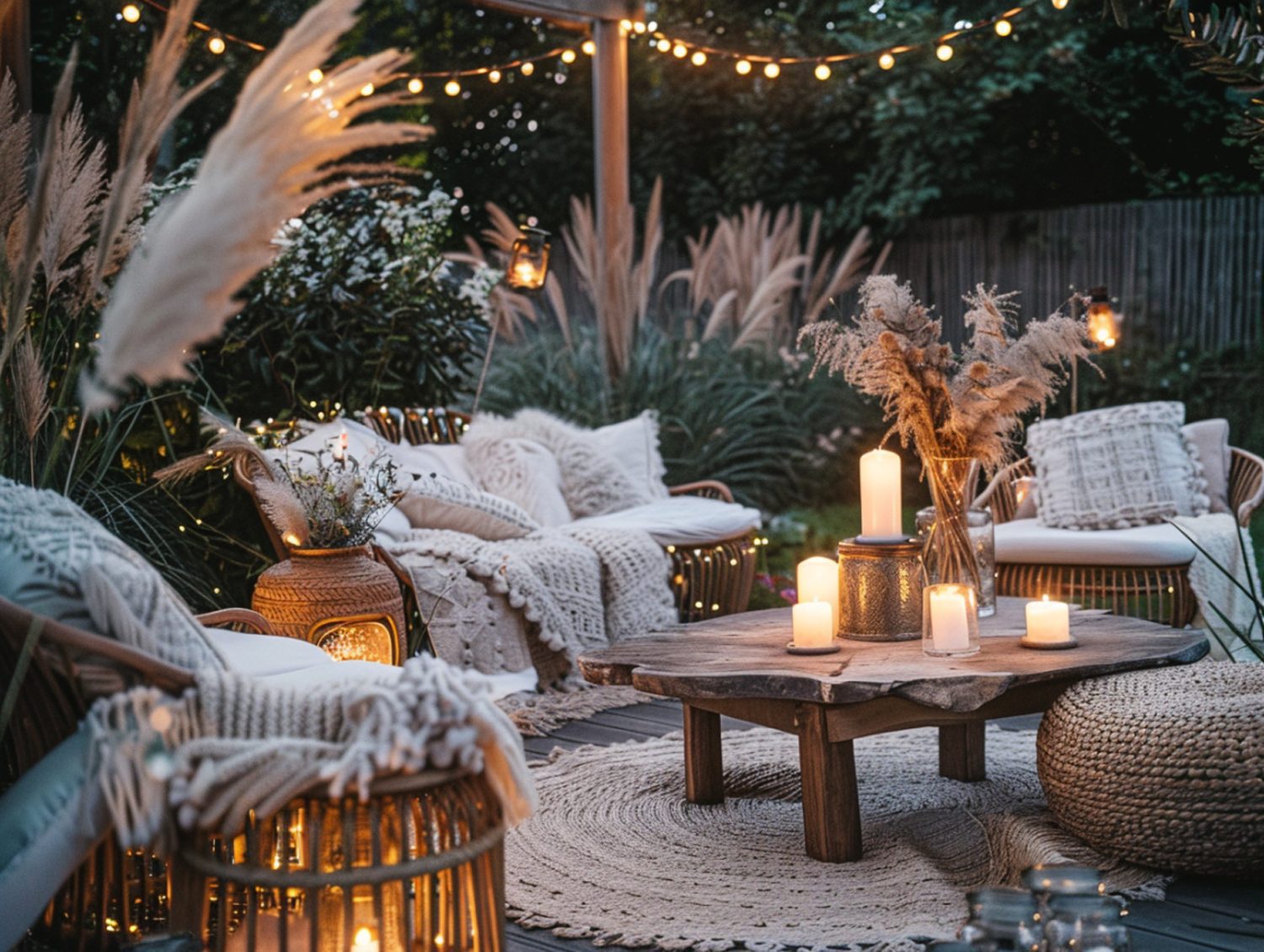 Boho zestaw ogrodowy z wiklinowymi fotelami i drewnianym stolikiem