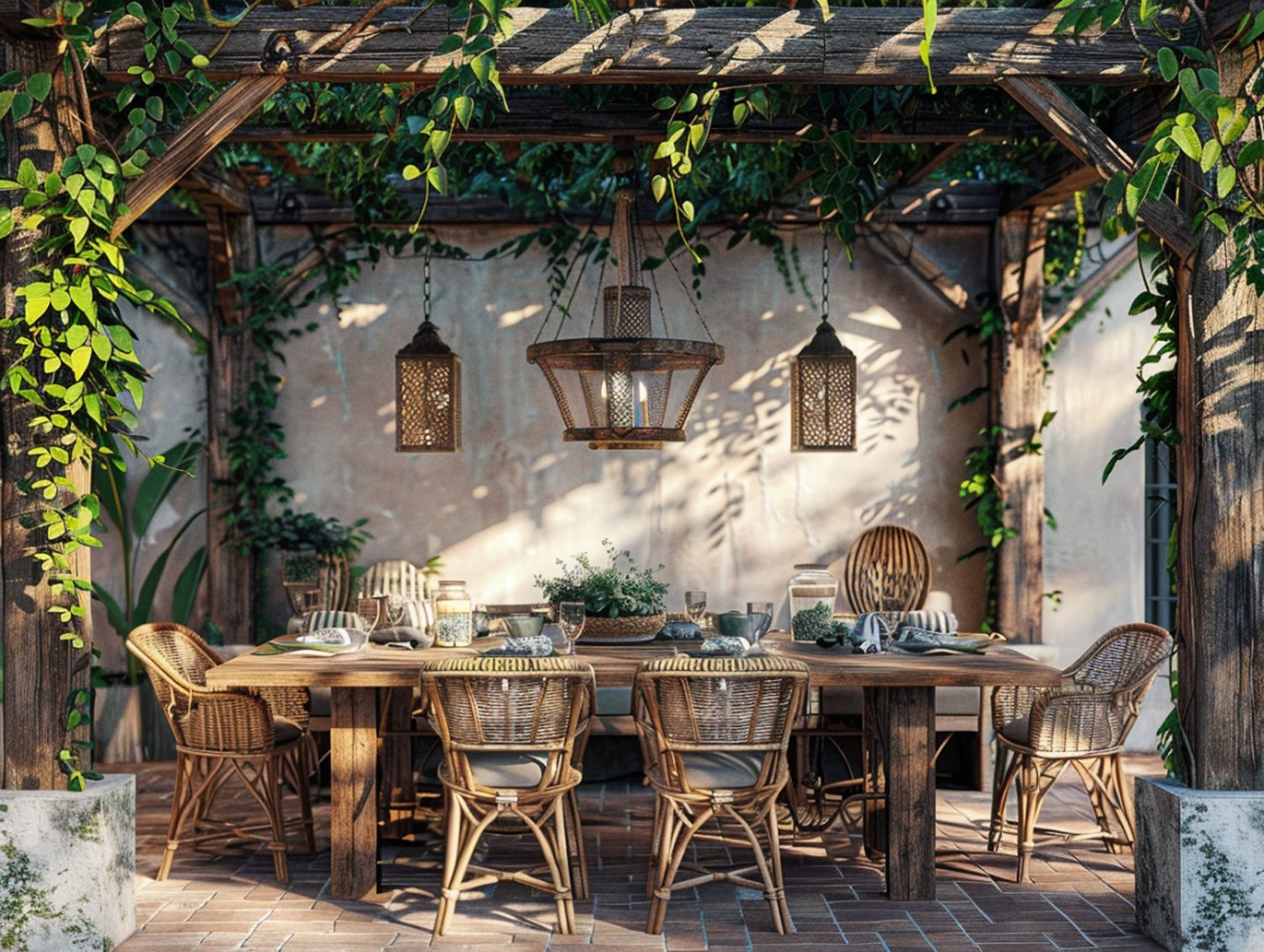 Pergola ogrodowa z plecionymi krzesłami i rustykalnym stołem z drewna