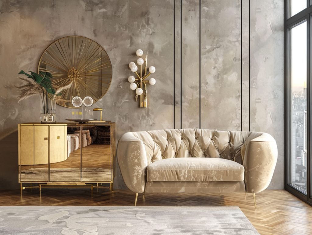 Pikowana sofa w stylu glamour z lustrzaną komodą i złotymi akcentami