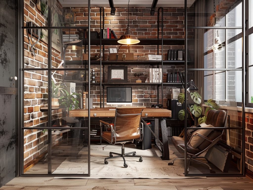 Biuro w stylu loft z ceglanymi ścianami i szklaną przegrodą
