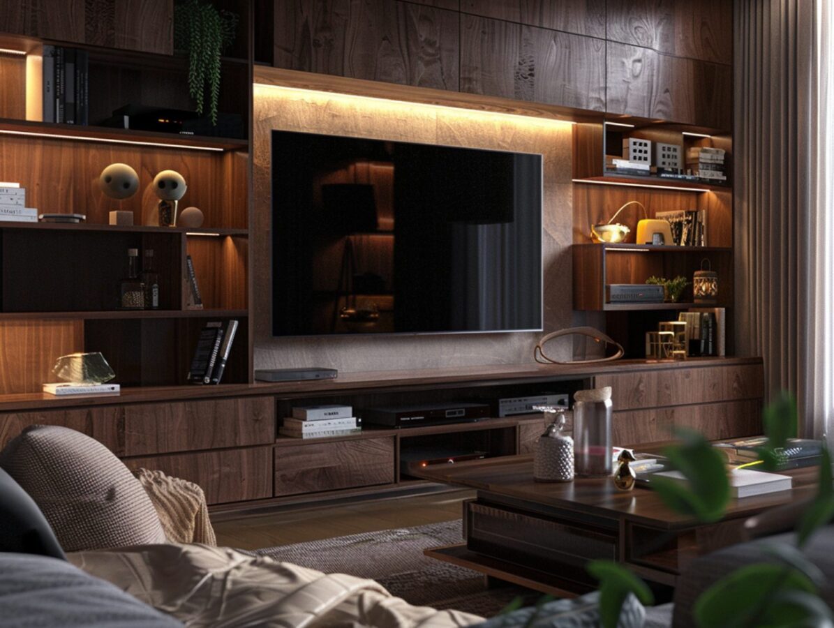 Meblościanka RTV z podświetleniem LED i drewnianym wykończeniem