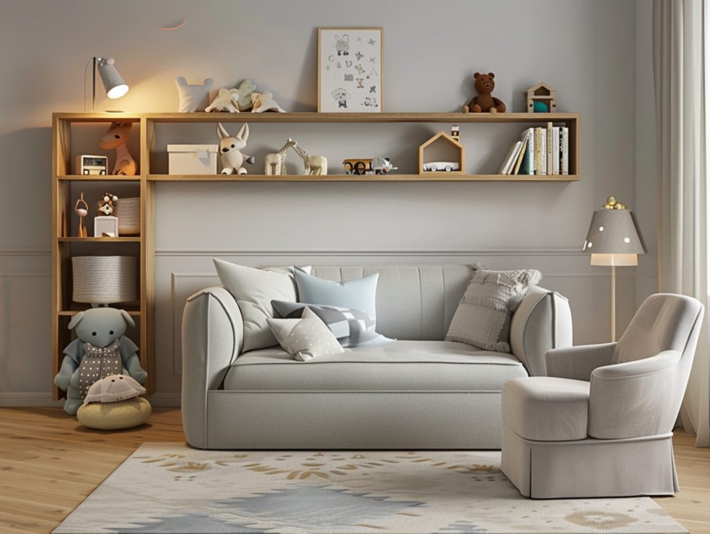 Pokój dziecięcy z sofą i regałem z półkami w stylu skandynawskim