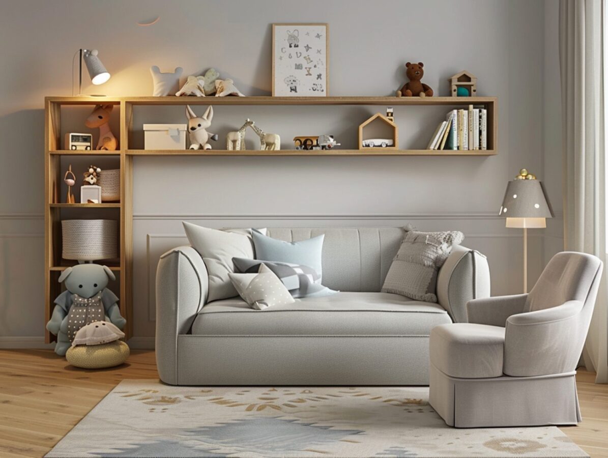 Pokój dziecięcy z sofą i regałem z półkami w stylu skandynawskim
