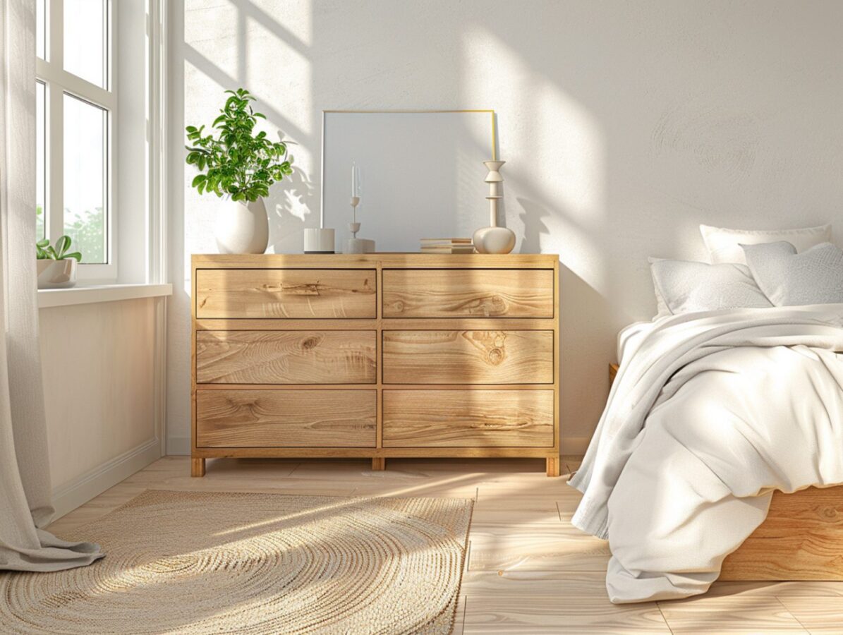 Komoda z jasnego drewna i lustrem w naturalnym stylu do sypialni