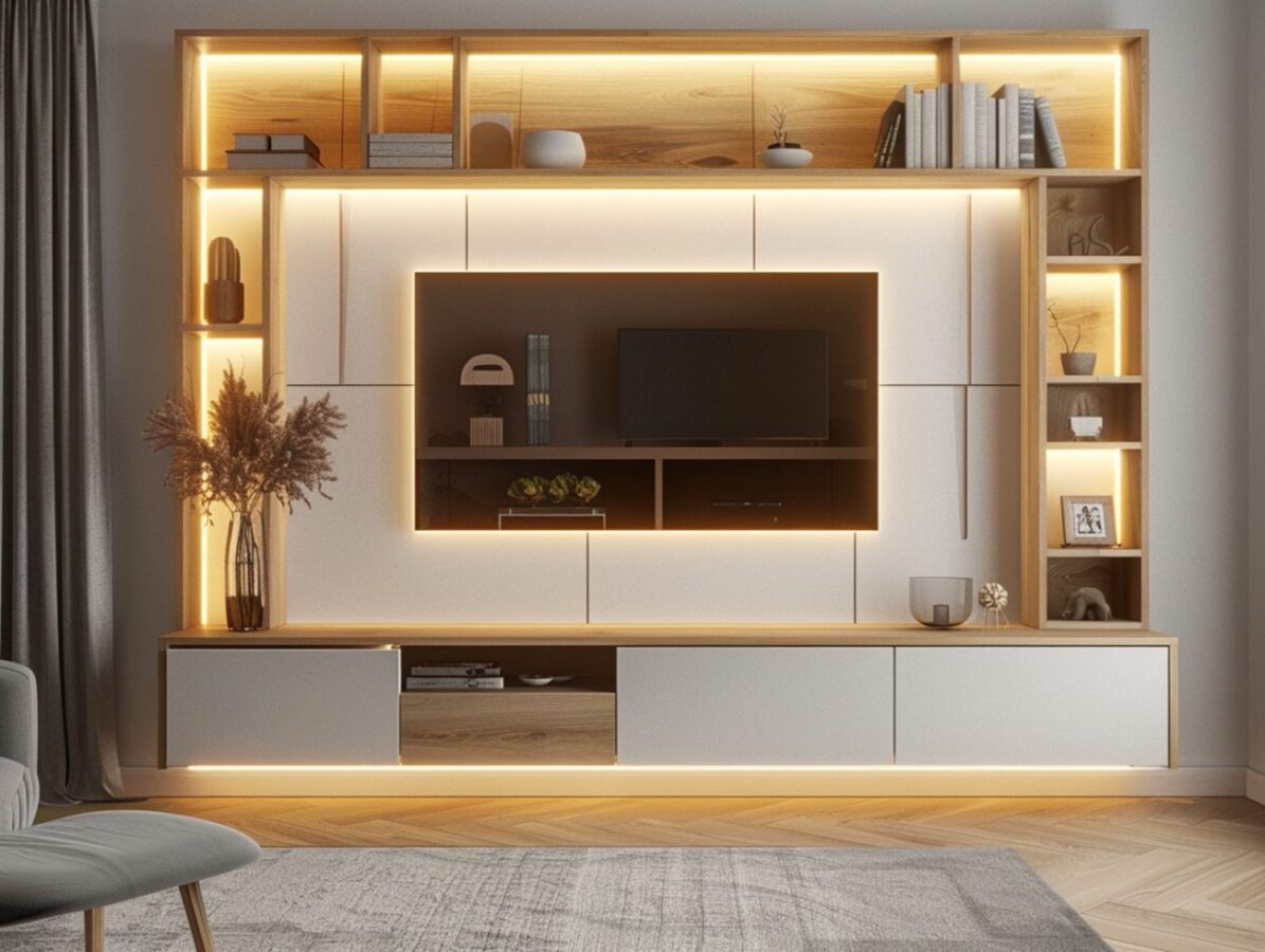 Meblościanka z oświetleniem LED i miejscem na telewizor