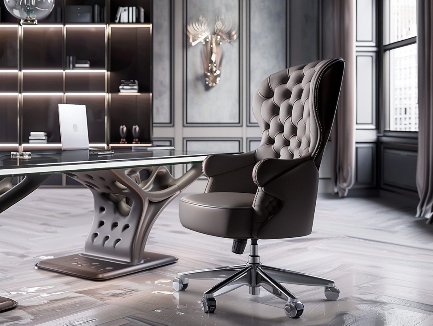 Stylowy fotel gabinetowy z pikowanym oparciem w klasycznym wnętrzu