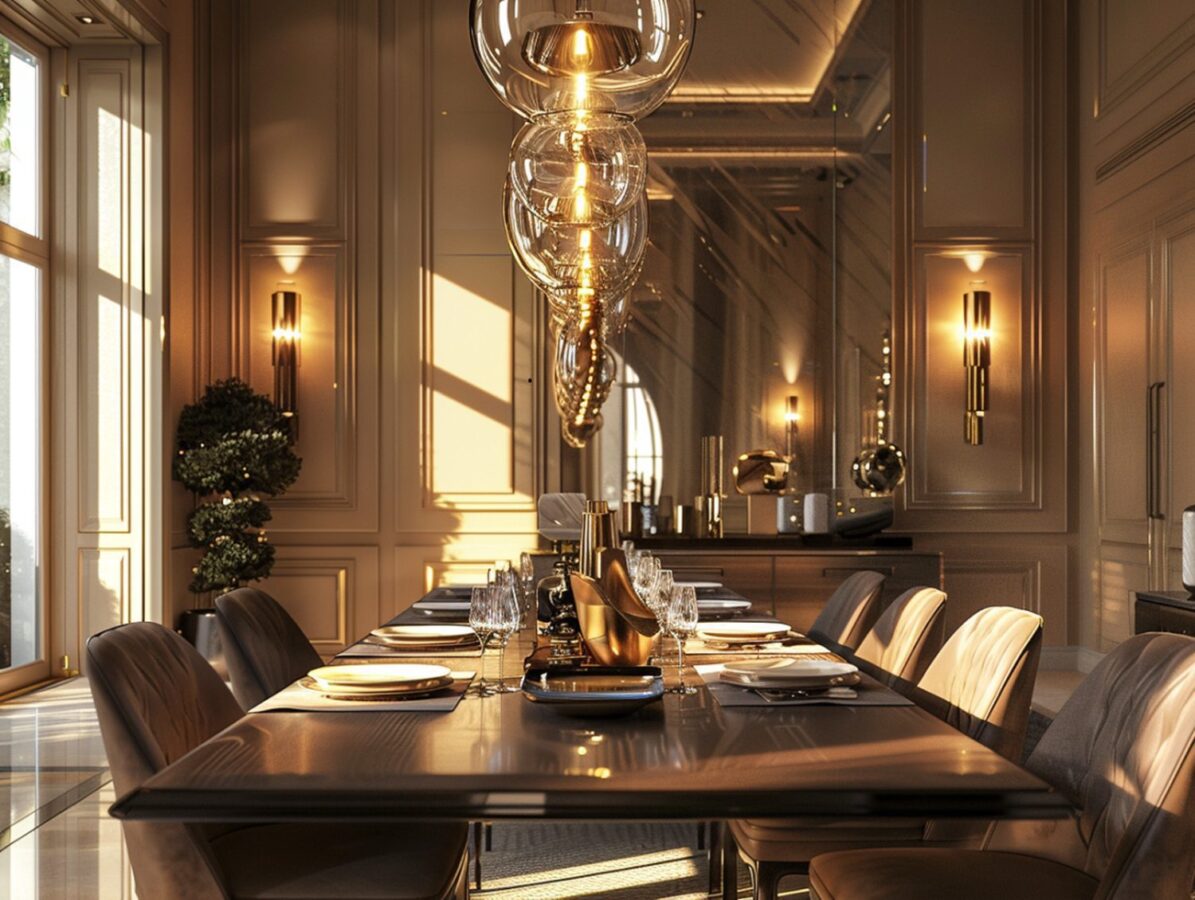 Ekskluzywna jadalnia z długim stołem i szklanymi lampami