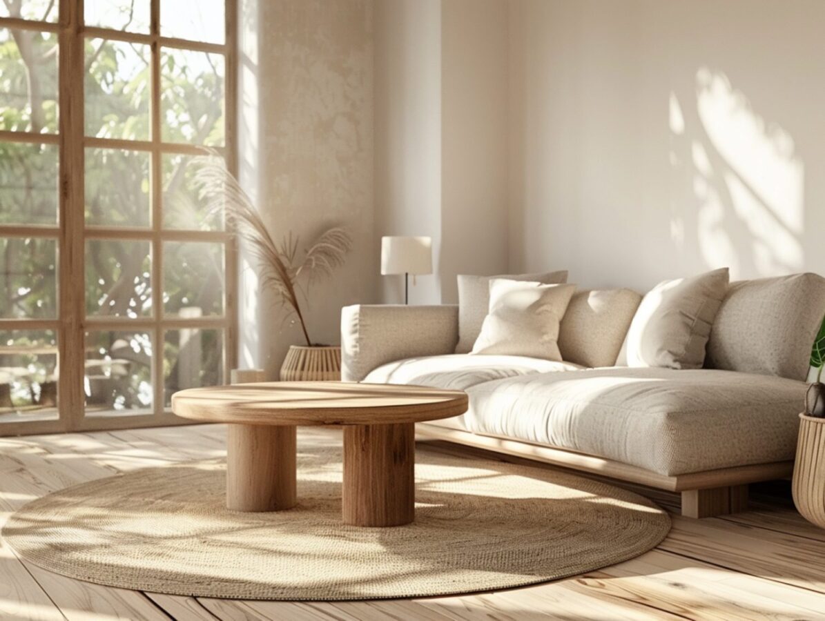 Jasny salon z drewnianym stolikiem i narożnikiem w stylu japandi