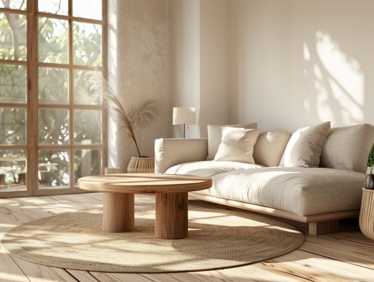 Jasny salon z drewnianym stolikiem i narożnikiem w stylu japandi