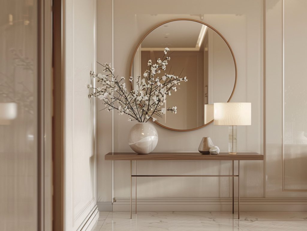 Konsola z okrągłym lustrem i dekoracyjnym wazonem z gałązkami