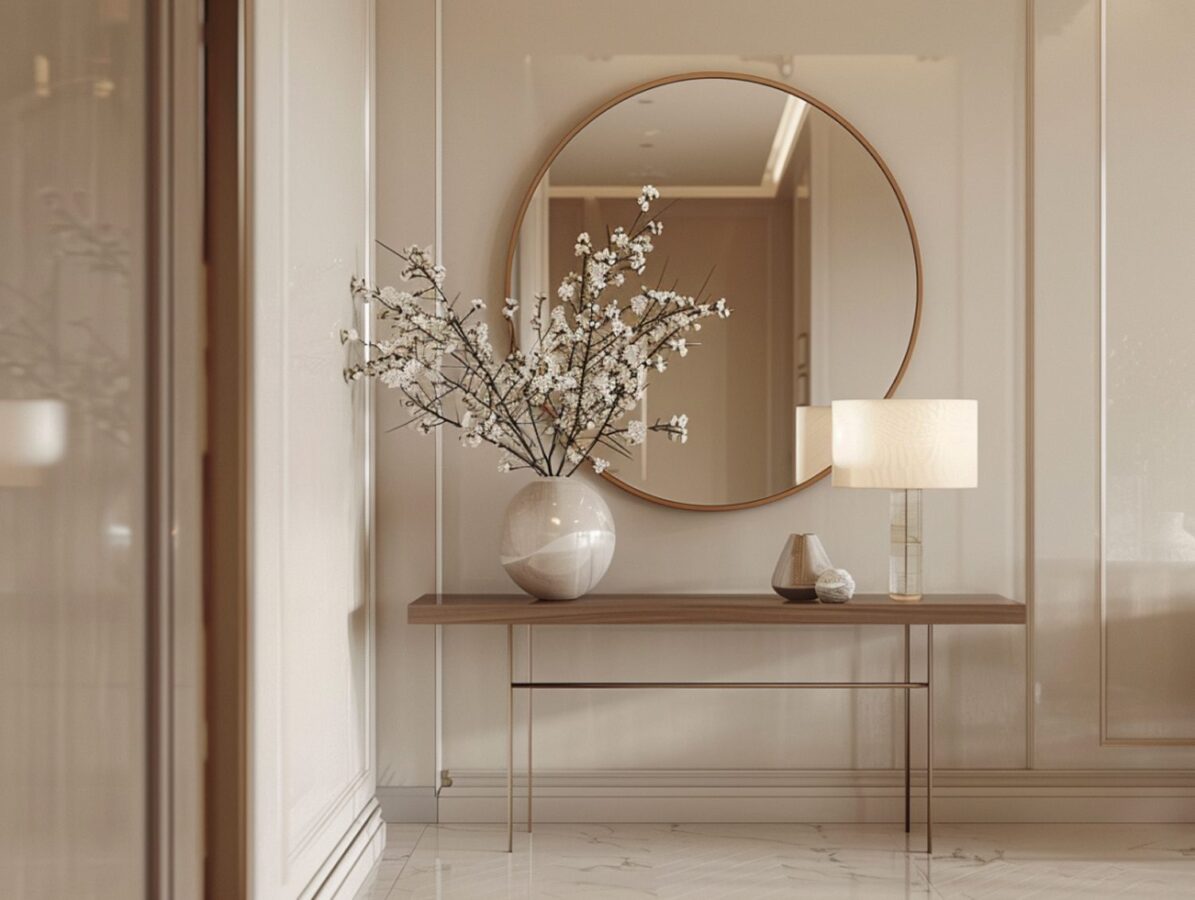 Konsola z okrągłym lustrem i dekoracyjnym wazonem z gałązkami