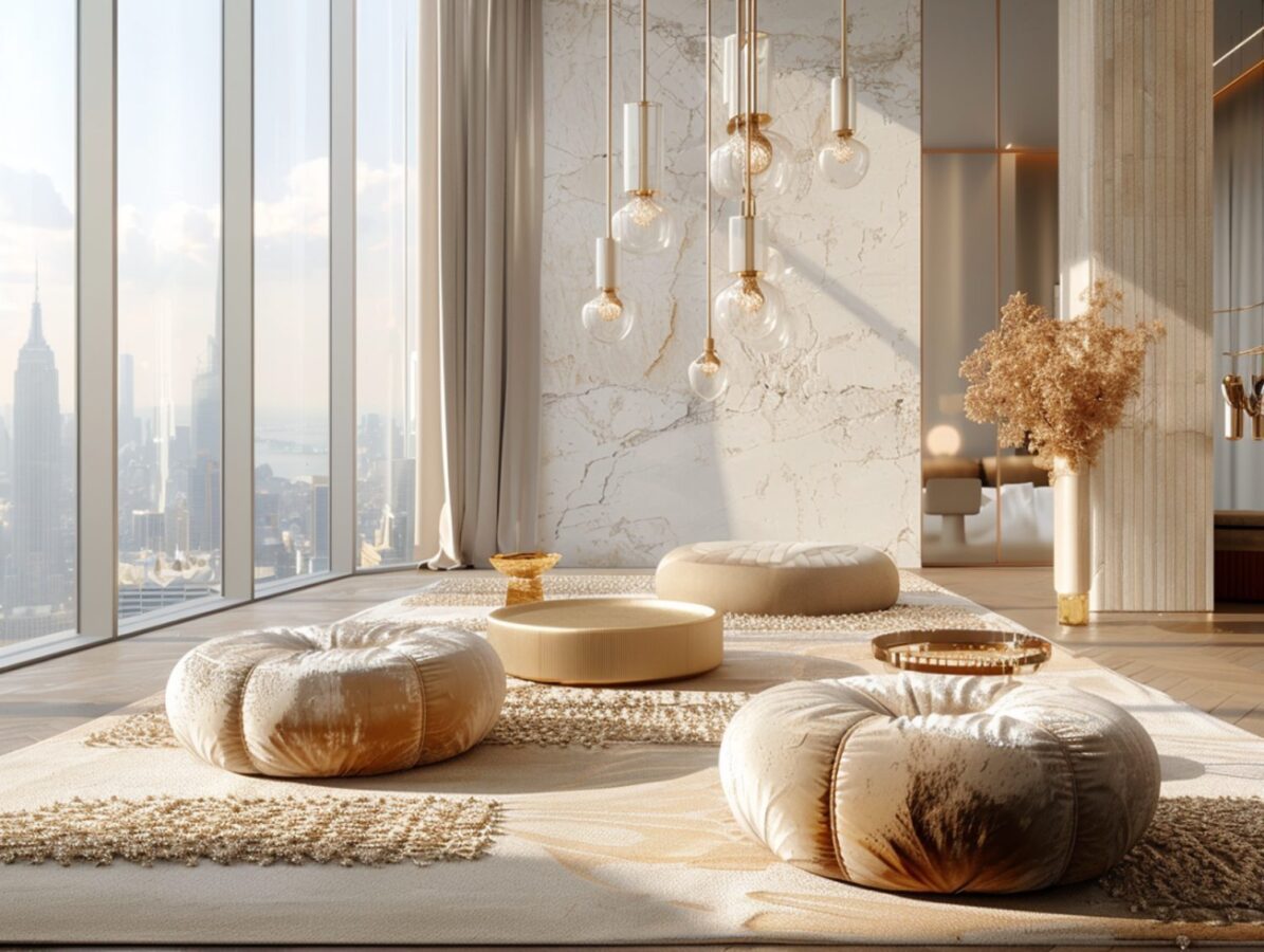 Luksusowy salon z pufami i marmurową ścianą w stylu glamour