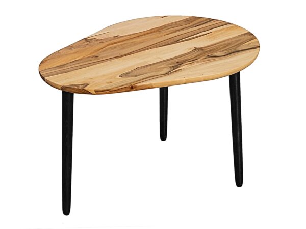 Schemat wymiarów stolika o nieregularnym owalnym kształcie i czarnych nogach