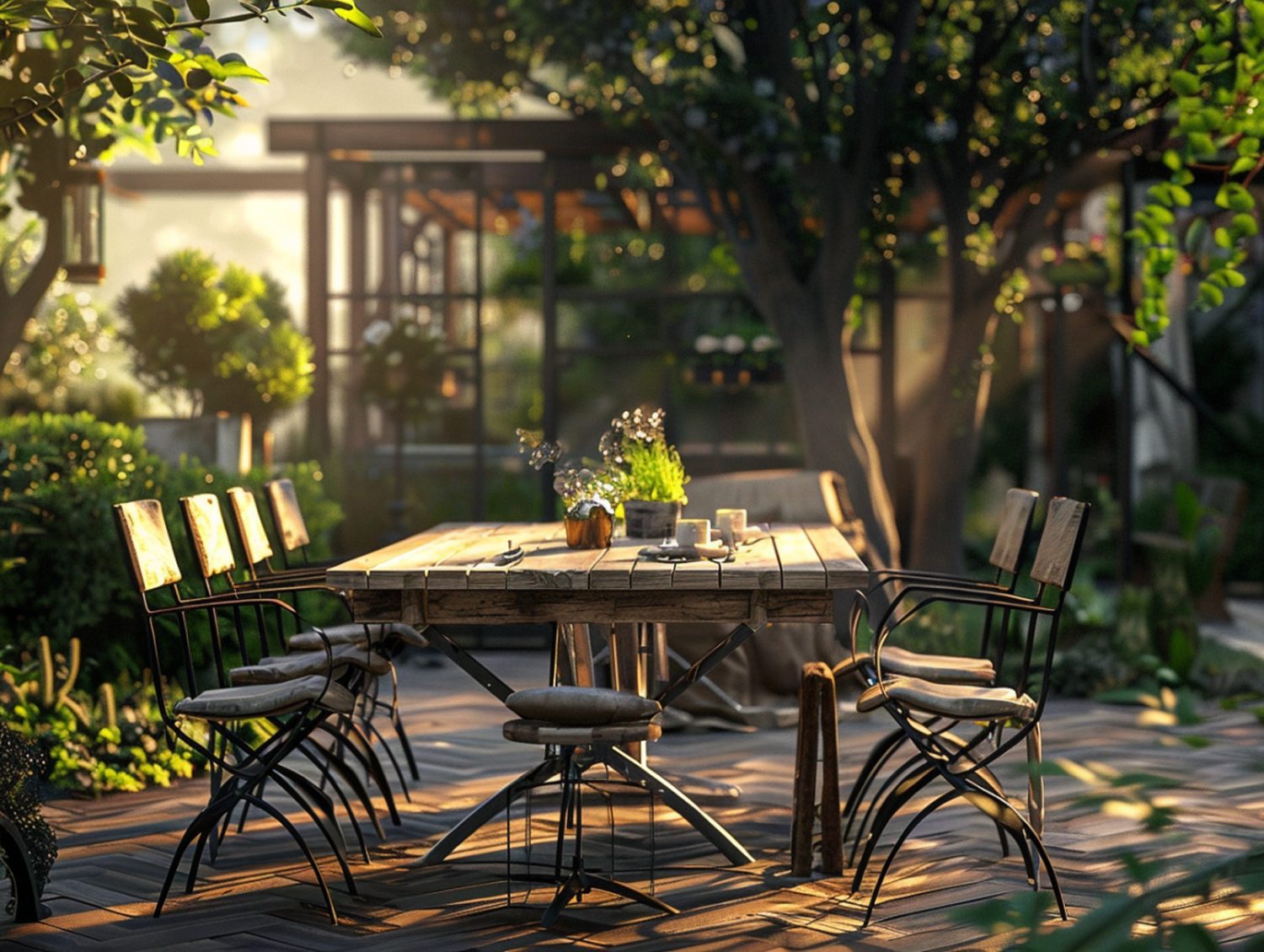 Taras z rustykalnym stołem z metalu i drewna oraz krzesłami