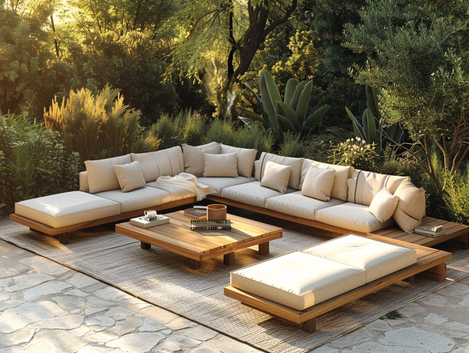 Drewniany narożnik ogrodowy z poduszkami wśród roślin