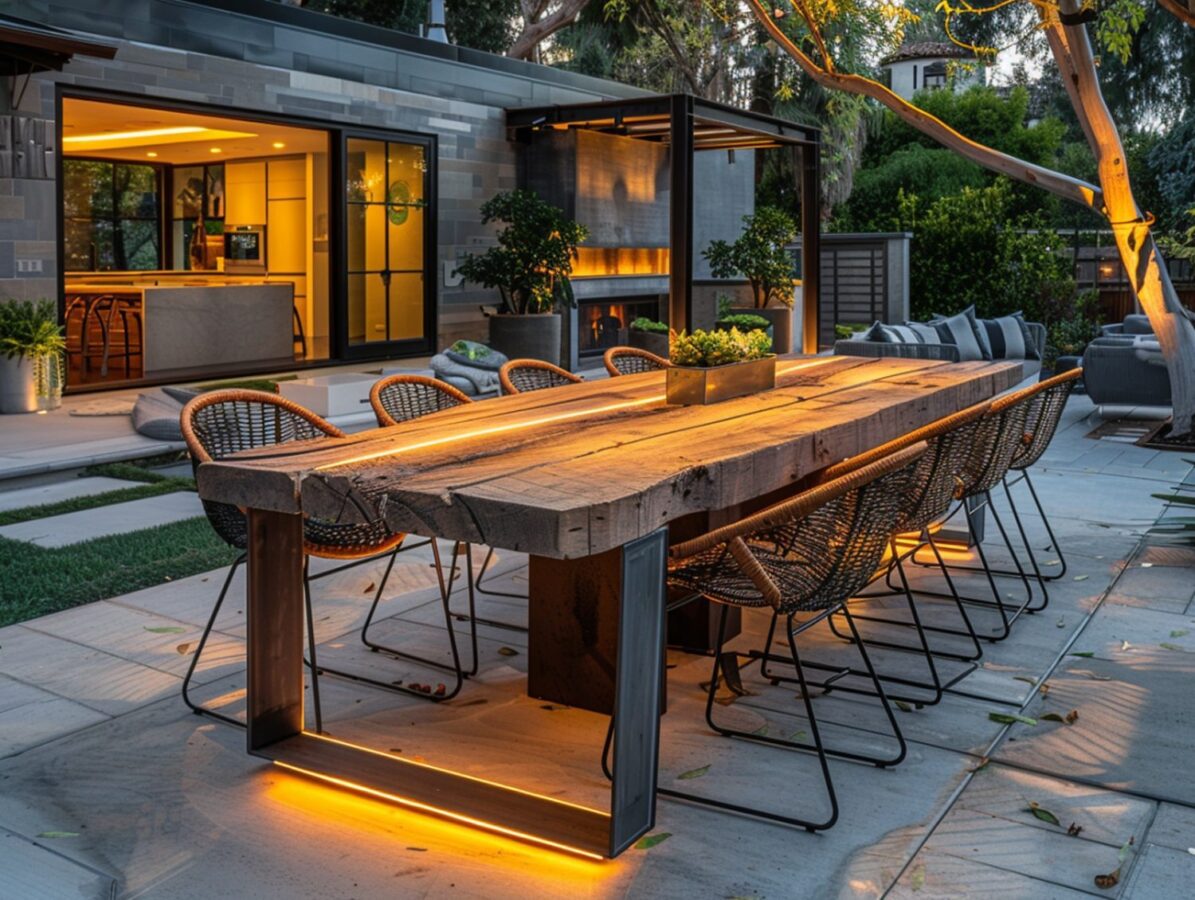 Duży stół ogrodowy z podświetleniem LED i krzesłami plecionymi